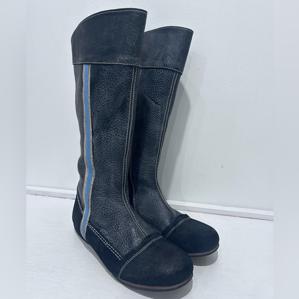 BLACKSTONE WOMENS BLACK LEATHER WHITE POWDER 3/4 ZIP MID CALF HIGH BOOTS SIZE 39